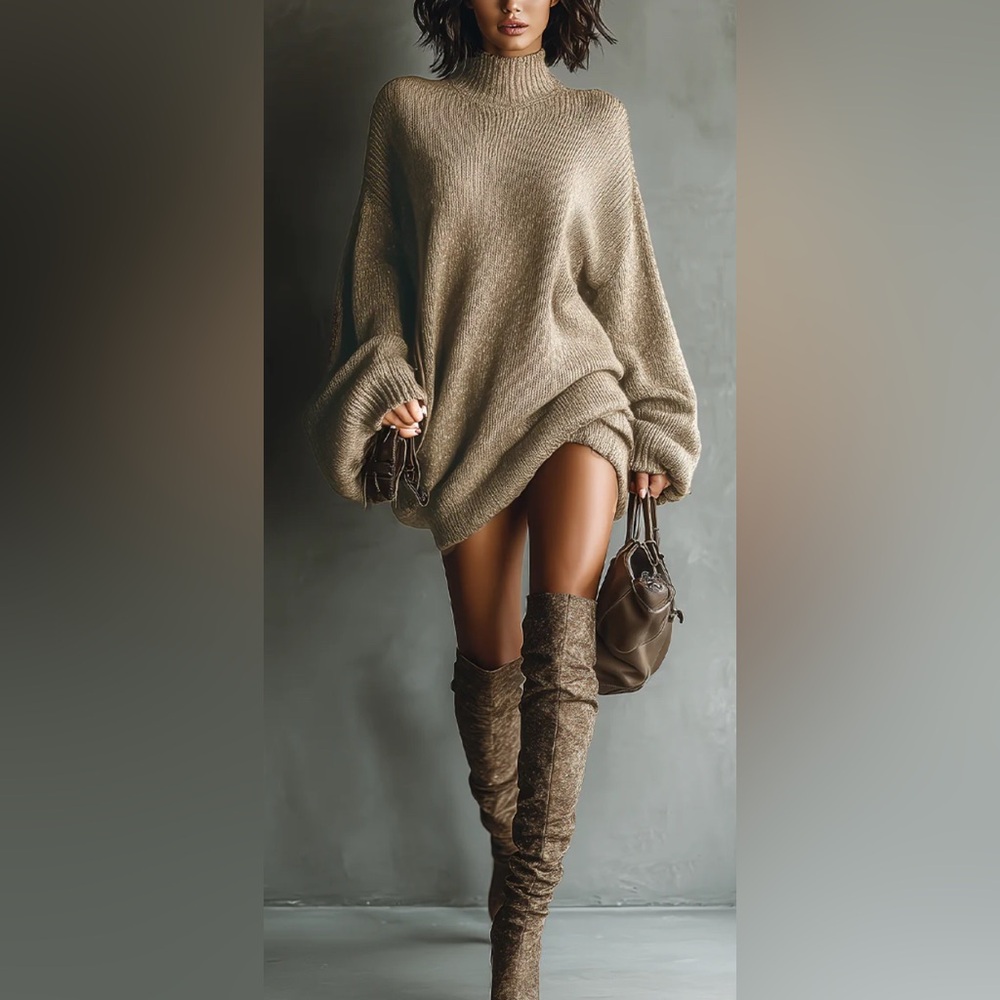 Modesees Taupe Vintage Style Knit/Turtleneck Mini Dress MDA2367I6T